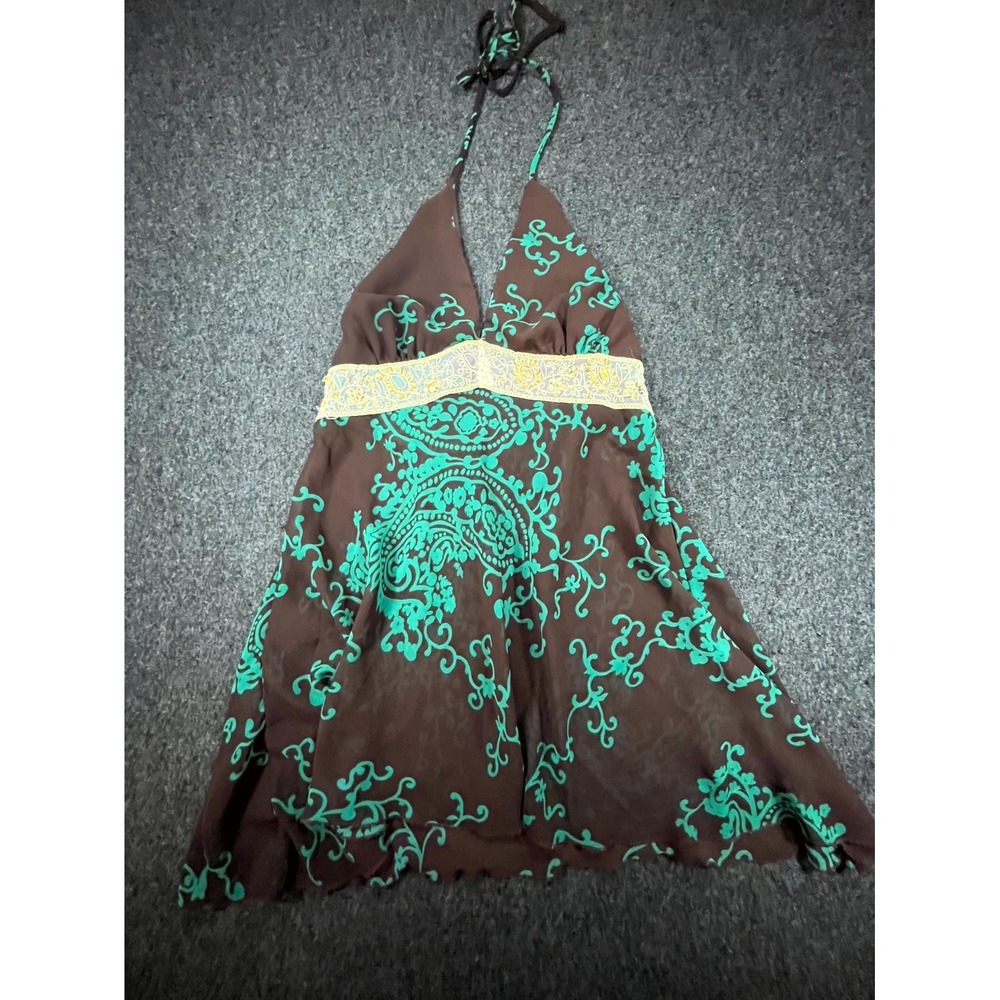 Y2K Meghan Noland Halter Mini Dress Women Small Brown Teal Paisley Lace Backless